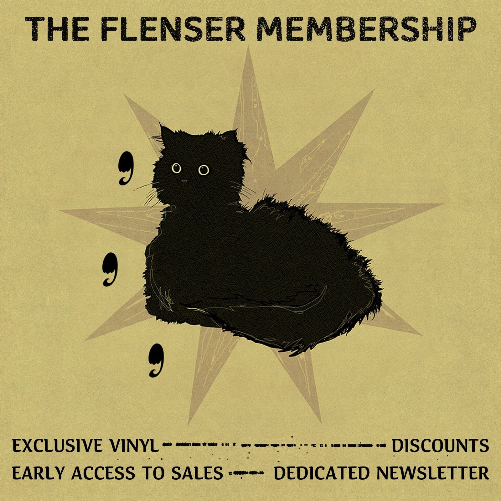 Black cat illustration on a beige background with promotional text for 'The Flenser Membership'.